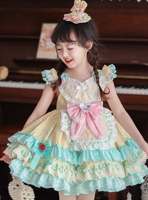 Summer Light Yellow Splice Mint Green Heart Shape Ruffles Bear Bowknot Belt Sweet Lolita Kid Sleeveless Girl Dress