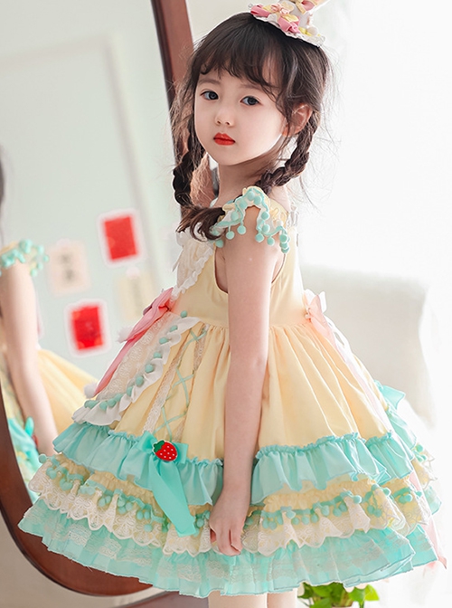 Summer Light Yellow Splice Mint Green Heart Shape Ruffles Bear Bowknot Belt Sweet Lolita Kid Sleeveless Girl Dress