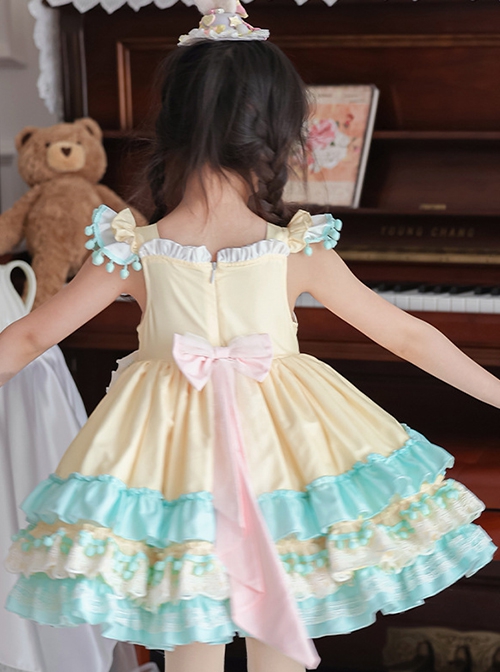 Summer Light Yellow Splice Mint Green Heart Shape Ruffles Bear Bowknot Belt Sweet Lolita Kid Sleeveless Girl Dress