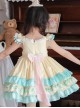 Summer Light Yellow Splice Mint Green Heart Shape Ruffles Bear Bowknot Belt Sweet Lolita Kid Sleeveless Girl Dress