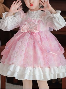 Dreamy Rose Pink Bowknot Mesh Yarn Bowknot Wings Sweet Lolita Princess Style Kid Long Sleeves Girl Dress