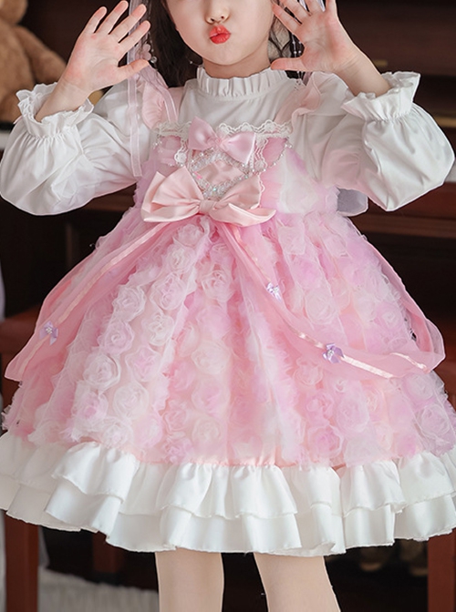 Dreamy Rose Pink Bowknot Mesh Yarn Bowknot Wings Sweet Lolita Princess Style Kid Long Sleeves Girl Dress