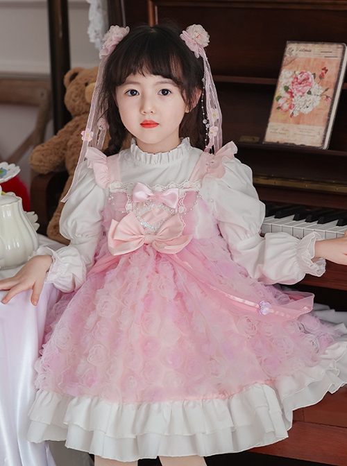Dreamy Rose Pink Bowknot Mesh Yarn Bowknot Wings Sweet Lolita Princess Style Kid Long Sleeves Girl Dress