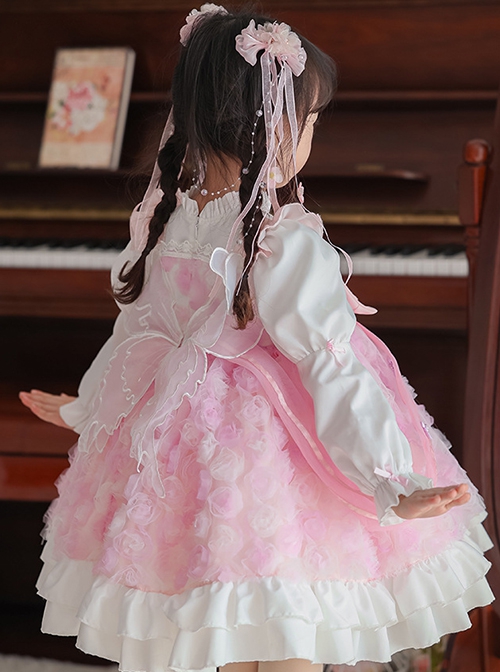 Dreamy Rose Pink Bowknot Mesh Yarn Bowknot Wings Sweet Lolita Princess Style Kid Long Sleeves Girl Dress