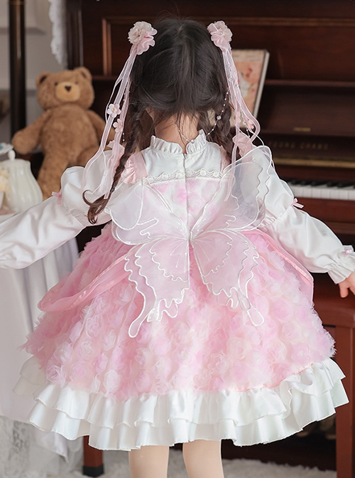 Dreamy Rose Pink Bowknot Mesh Yarn Bowknot Wings Sweet Lolita Princess Style Kid Long Sleeves Girl Dress