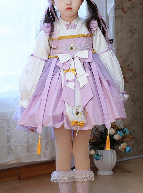 Light Purple Chinese Knot Antiquity Bunny Han Element Tang Style Junior Sister Sweet Lolita Kid Lantern Sleeves Dress