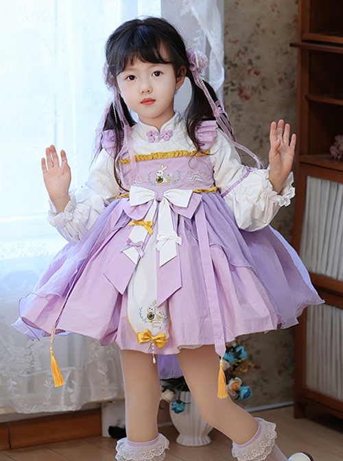 Light Purple Chinese Knot Antiquity Bunny Han Element Tang Style Junior Sister Sweet Lolita Kid Lantern Sleeves Dress