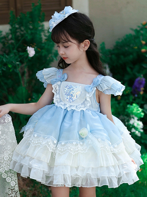 Light Blue Mesh Yarn Lace Ruffles Summer Cool Ice Snow Heart Shape Sequin Sweet Lolita Kid Sleeveless Cake Dress