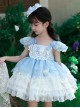 Light Blue Mesh Yarn Lace Ruffles Summer Cool Ice Snow Heart Shape Sequin Sweet Lolita Kid Sleeveless Cake Dress