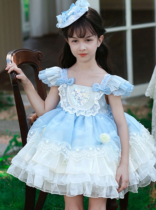 Light Blue Mesh Yarn Lace Ruffles Summer Cool Ice Snow Heart Shape Sequin Sweet Lolita Kid Sleeveless Cake Dress