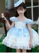 Light Blue Mesh Yarn Lace Ruffles Summer Cool Ice Snow Heart Shape Sequin Sweet Lolita Kid Sleeveless Cake Dress