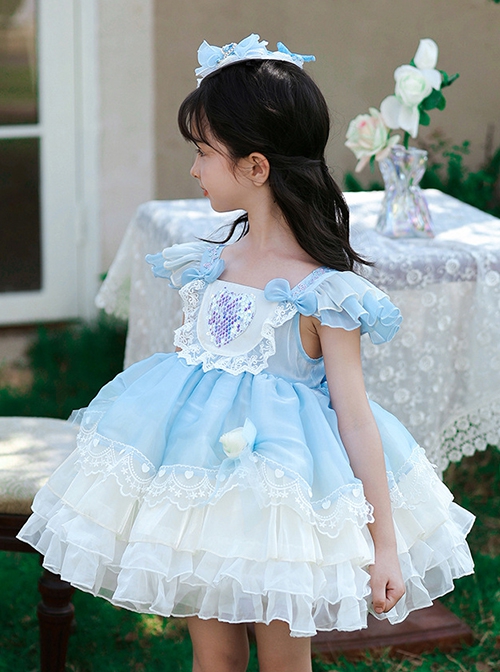 Light Blue Mesh Yarn Lace Ruffles Summer Cool Ice Snow Heart Shape Sequin Sweet Lolita Kid Sleeveless Cake Dress