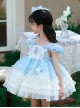 Light Blue Mesh Yarn Lace Ruffles Summer Cool Ice Snow Heart Shape Sequin Sweet Lolita Kid Sleeveless Cake Dress