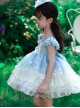 Light Blue Mesh Yarn Lace Ruffles Summer Cool Ice Snow Heart Shape Sequin Sweet Lolita Kid Sleeveless Cake Dress