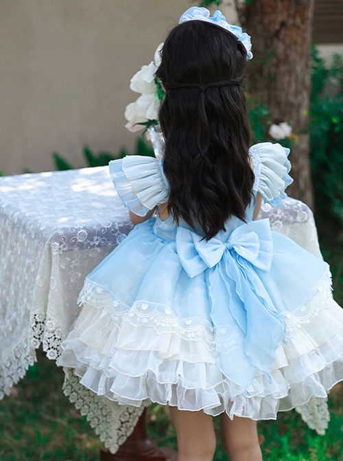 Light Blue Mesh Yarn Lace Ruffles Summer Cool Ice Snow Heart Shape Sequin Sweet Lolita Kid Sleeveless Cake Dress