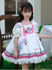 Retro Court Flowers Leaf Square Collar Elegant White Lace Ruffles Classic Lolita Kid Puff Sleeves Girl Dress