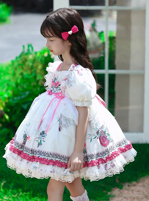 Retro Court Flowers Leaf Square Collar Elegant White Lace Ruffles Classic Lolita Kid Puff Sleeves Girl Dress