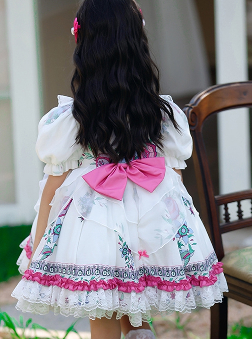 Retro Court Flowers Leaf Square Collar Elegant White Lace Ruffles Classic Lolita Kid Puff Sleeves Girl Dress