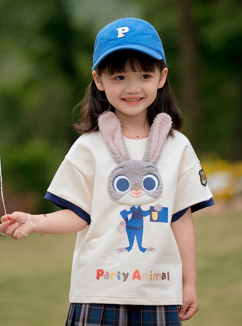 Round Neck 3D Disney Cartoon Plush Judy Gray Rabbit Cute Apricot Kawaii Fashion Athleisure Kid Short Sleeves T Shirt