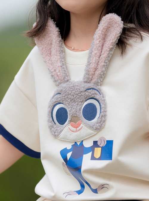 Round Neck 3D Disney Cartoon Plush Judy Gray Rabbit Cute Apricot Kawaii Fashion Athleisure Kid Short Sleeves T Shirt