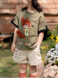 Disney Cartoon Brown Plush Fox Nick Cute Cool Green Kawaii Fashion Sport Round Neck Short Sleeves Kid T Shirt