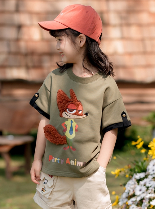 Disney Cartoon Brown Plush Fox Nick Cute Cool Green Kawaii Fashion Sport Round Neck Short Sleeves Kid T Shirt