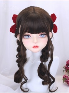 Cool Brown Long Curly Hair Flat Bangs Double Ponytail Braid Bowknot Hairpin Sweet Lolita Hairstyle Full Head Wig