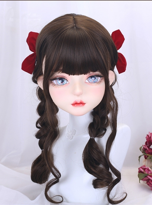 Cool Brown Long Curly Hair Flat Bangs Double Ponytail Braid Bowknot Hairpin Sweet Lolita Hairstyle Full Head Wig