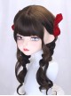 Cool Brown Long Curly Hair Flat Bangs Double Ponytail Braid Bowknot Hairpin Sweet Lolita Hairstyle Full Head Wig