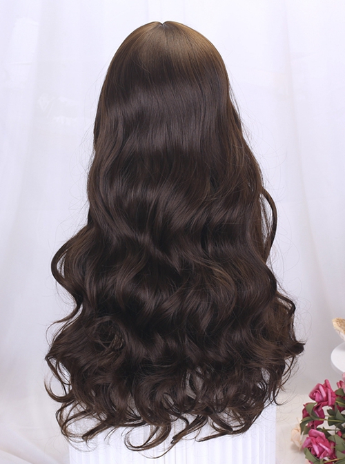 Cool Brown Long Curly Hair Flat Bangs Double Ponytail Braid Bowknot Hairpin Sweet Lolita Hairstyle Full Head Wig