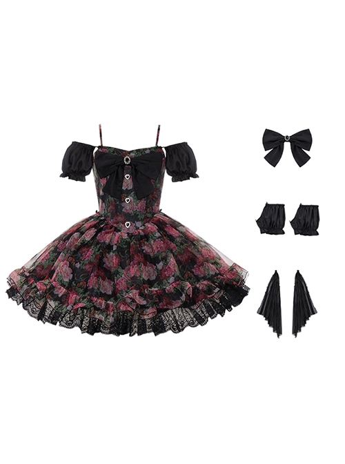 Chinese Style Northeast Big Flower Beautiful Black Bowknot Exquisite Mesh Yarn Classic Lolita Puff Sleeves Slip Dress