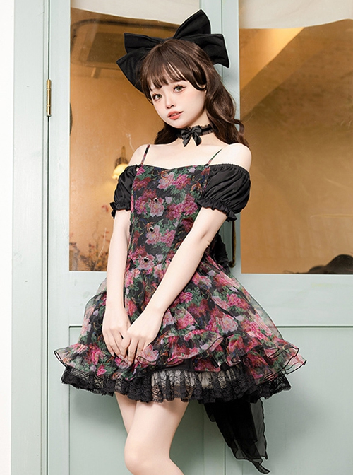 Chinese Style Northeast Big Flower Beautiful Black Bowknot Exquisite Mesh Yarn Classic Lolita Puff Sleeves Slip Dress