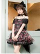 Chinese Style Northeast Big Flower Beautiful Black Bowknot Exquisite Mesh Yarn Classic Lolita Puff Sleeves Slip Dress