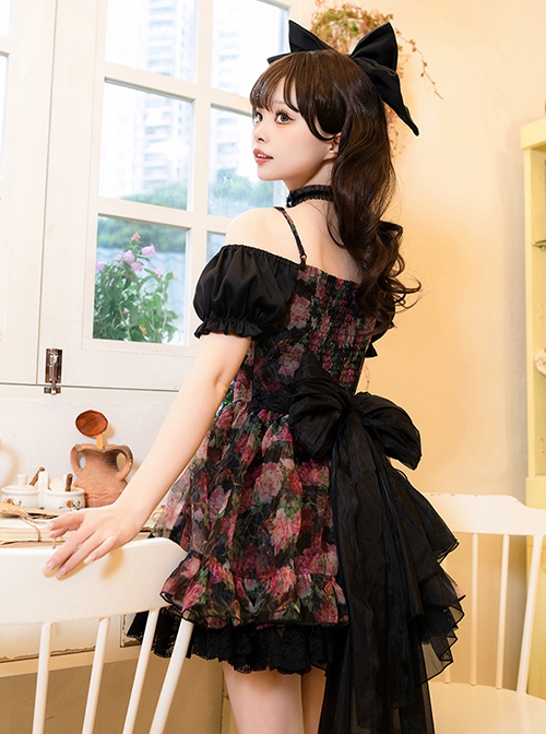 Chinese Style Northeast Big Flower Beautiful Black Bowknot Exquisite Mesh Yarn Classic Lolita Puff Sleeves Slip Dress