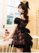 Chinese Style Northeast Big Flower Beautiful Black Bowknot Exquisite Mesh Yarn Classic Lolita Puff Sleeves Slip Dress