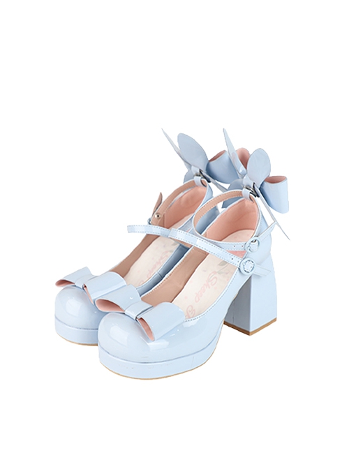 Miss Rabbit Series Bunny Ears Bowknot Round Head Cute Fairy Tale Style Sweet Lolita Chunky High Heels Shoes