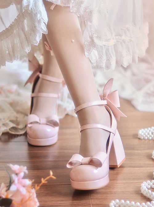 Miss Rabbit Series Bunny Ears Bowknot Round Head Cute Fairy Tale Style Sweet Lolita Chunky High Heels Shoes