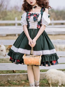 Kirino Forest Series Chinese Style Dark Green Northeast Big Flower Pastoral Style Classic Lolita Puff Sleeves Dress