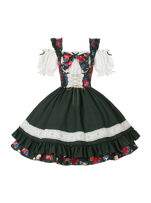 Kirino Forest Series Chinese Style Dark Green Northeast Big Flower Pastoral Style Classic Lolita Puff Sleeves Dress