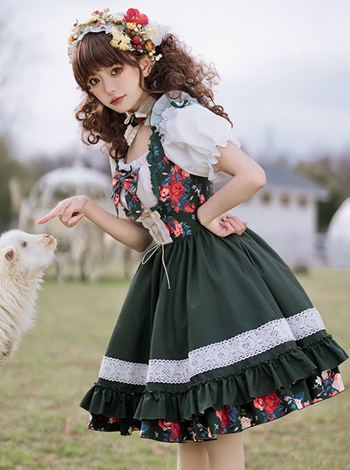 Kirino Forest Series Chinese Style Dark Green Northeast Big Flower Pastoral Style Classic Lolita Puff Sleeves Dress