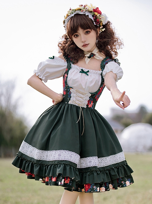 Kirino Forest Series Chinese Style Dark Green Northeast Big Flower Pastoral Style Classic Lolita Puff Sleeves Dress