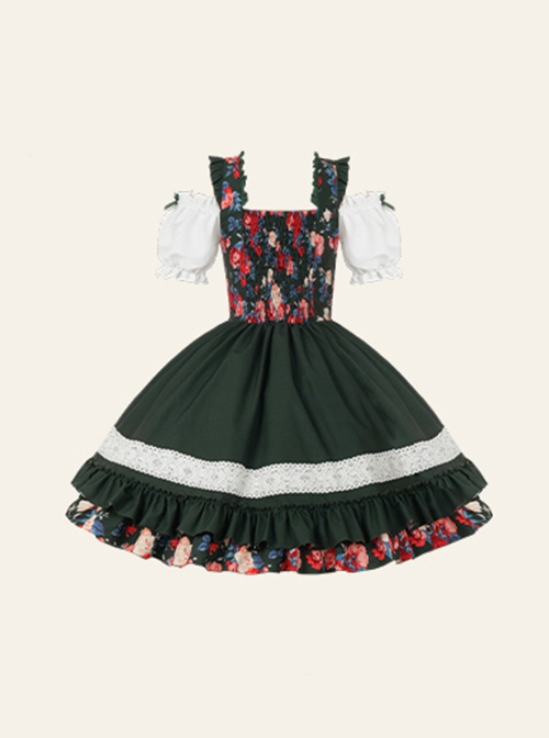 Kirino Forest Series Chinese Style Dark Green Northeast Big Flower Pastoral Style Classic Lolita Puff Sleeves Dress