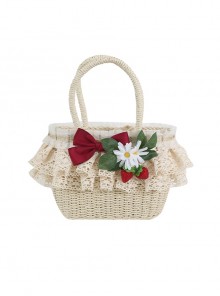 Forest Literature Art Strawberry Daisy Bowknot Strawberry Daisy Bowknot Picnic Holiday Classic Lolita Handmade Apricot Straw Bag