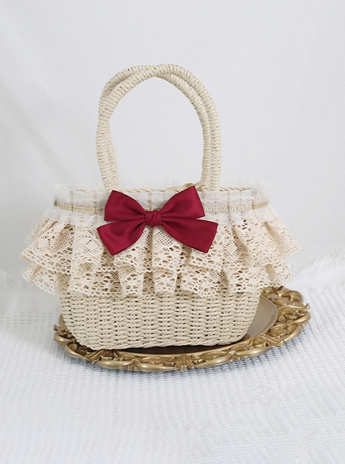 Forest Literature Art Strawberry Daisy Bowknot Strawberry Daisy Bowknot Picnic Holiday Classic Lolita Handmade Apricot Straw Bag