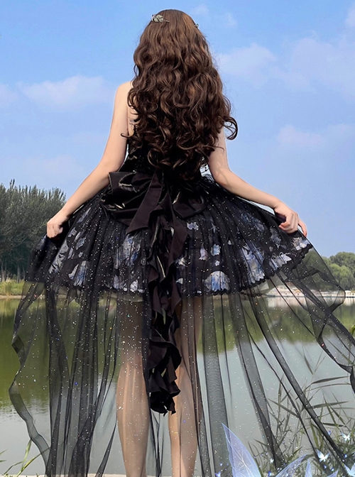 Deep Sea Jellyfish Series Elegant Refined Aquatic Plant Floral Print Pearl Black Yarn Tail Classic Lolita Sleeveless Halter Dress Set