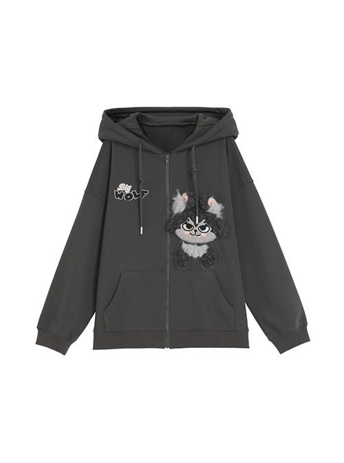 Sheep Love Wolf Series Gray Plush Wolf Simple Cartoon Sports Style Daily Versatile Kawaii Fashion Loose  Hooded Coat