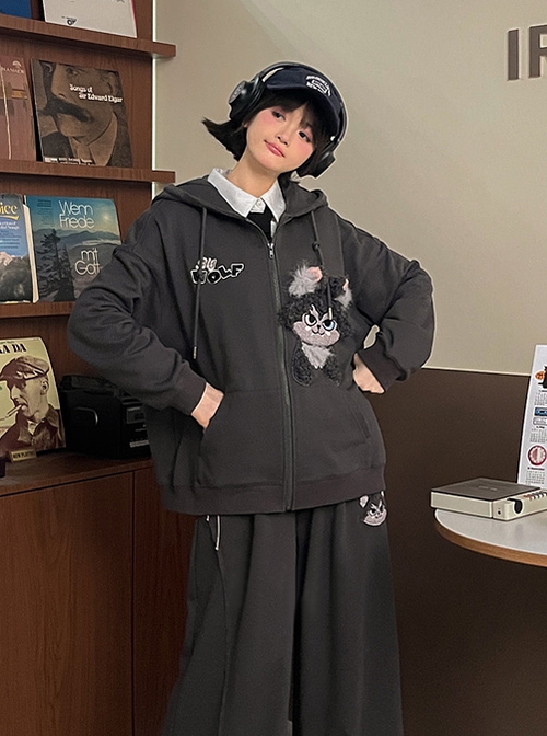 Sheep Love Wolf Series Gray Plush Wolf Simple Cartoon Sports Style Daily Versatile Kawaii Fashion Loose  Hooded Coat