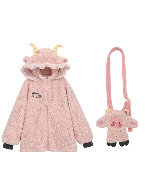 Cute Girl Cartoon Pink Sheep Lambswool Soft Kawaii Fashion Crossbody Bag Loose 3D Sheep Horn Ears Hooded Warm Coat Hoodie Set