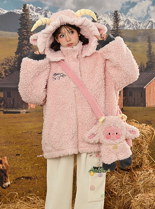 Cute Girl Cartoon Pink Sheep Lambswool Soft Kawaii Fashion Crossbody Bag Loose 3D Sheep Horn Ears Hooded Warm Coat Hoodie Set