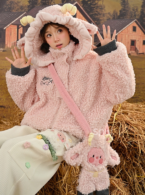 Cute Girl Cartoon Pink Sheep Lambswool Soft Kawaii Fashion Crossbody Bag Loose 3D Sheep Horn Ears Hooded Warm Coat Hoodie Set